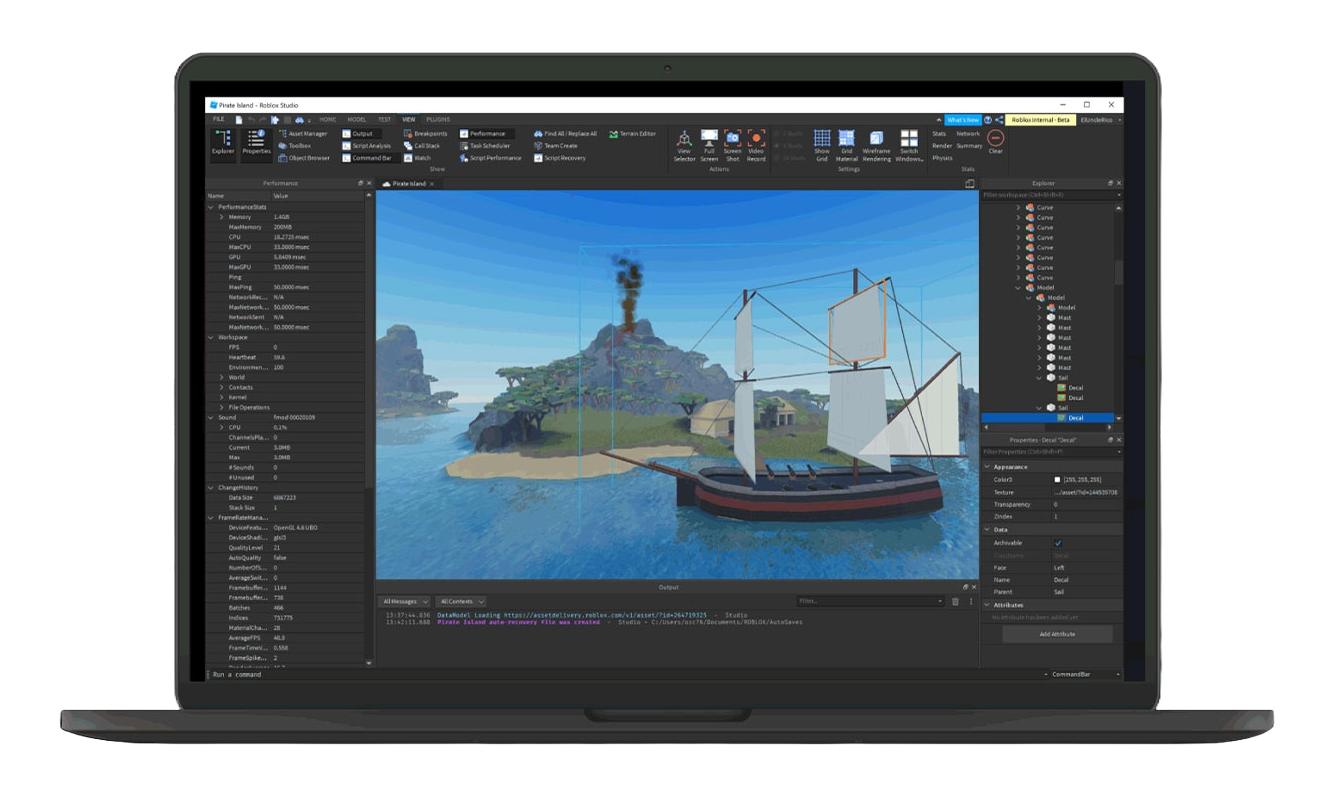 Roblox Studio modeling workspace with ship project